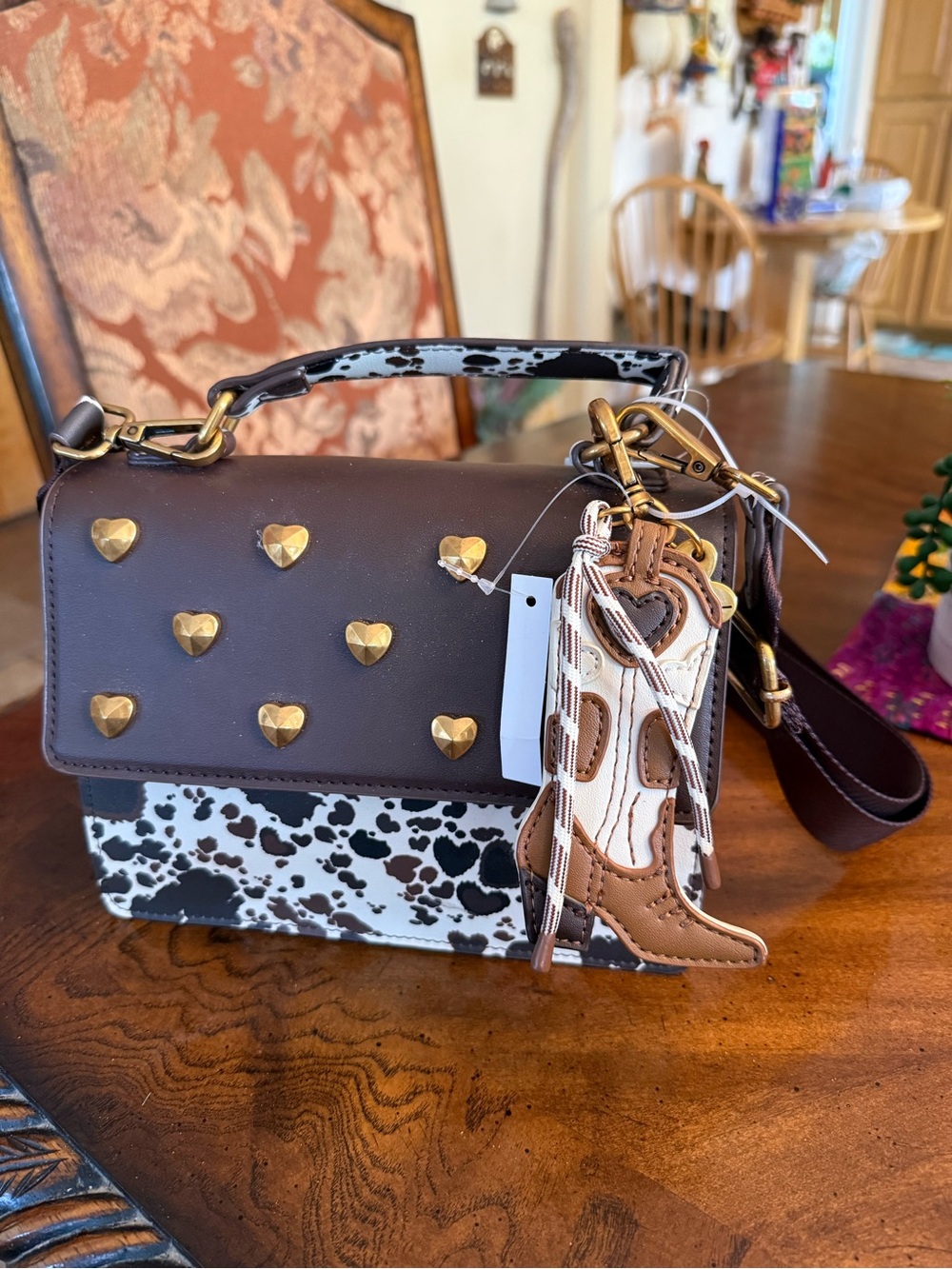 New Betsy Johnson Cowprint Crossbody Satchel with Heart Studs and Boot Charm
